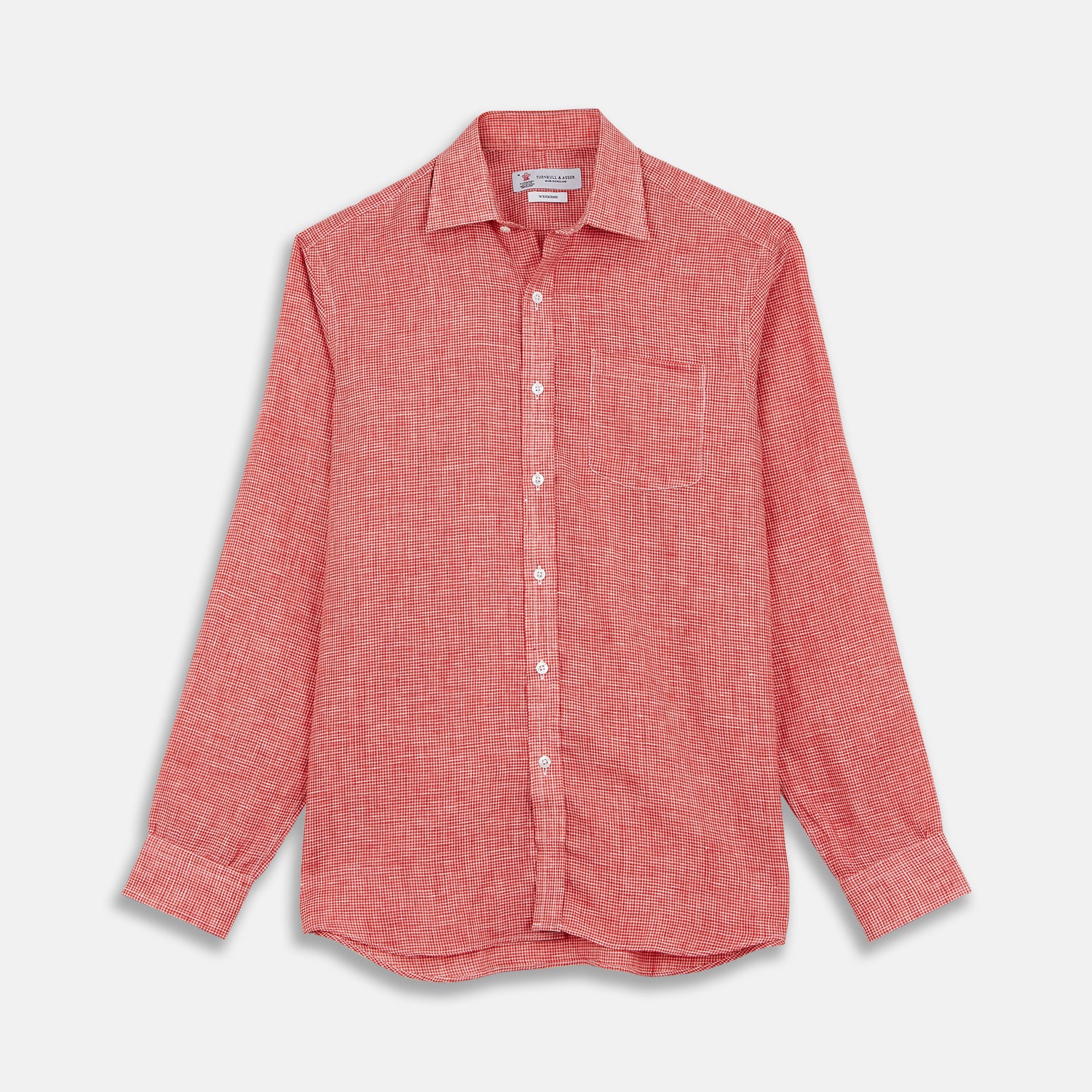 View 1 of product The Turnbull & Asser Weekend Fit Red Check Linen Shirt features a Derby collar, long sleeves with 1-button cuffs, and a single chest pocket—ideal for summer style. Shown against a plain white background.