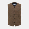 View 1 of product The Turnbull & Asser Pine Cone Quilted Linen Herringbone Waistcoat features a brown, sleeveless design with dark buttons, two angled side pockets, and a chest pocket, shown on a plain white background.