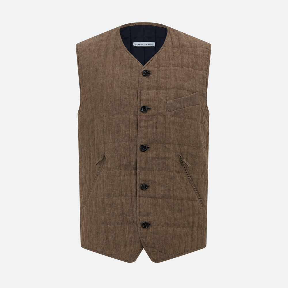 The Turnbull & Asser Pine Cone Quilted Linen Herringbone Waistcoat features a brown, sleeveless design with dark buttons, two angled side pockets, and a chest pocket, shown on a plain white background.