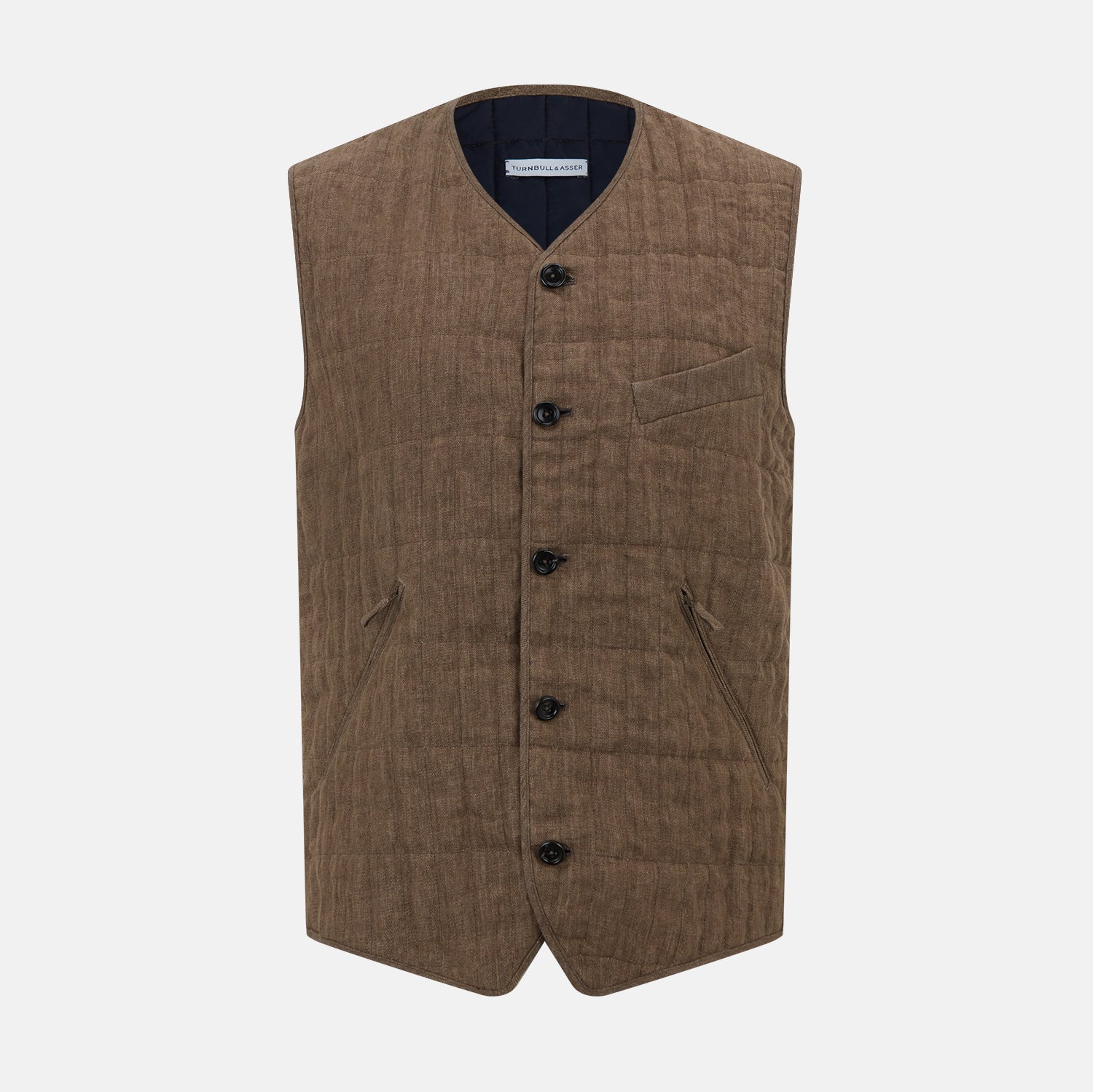 View 1 of product The Turnbull & Asser Pine Cone Quilted Linen Herringbone Waistcoat features a brown, sleeveless design with dark buttons, two angled side pockets, and a chest pocket, shown on a plain white background.