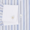 View 4 of product The Turnbull & Asser Navy and Blue Multi Stripe Shirt with Contrast Collar and Double Cuffs is shown in a Mayfair fit on a plain white background.
