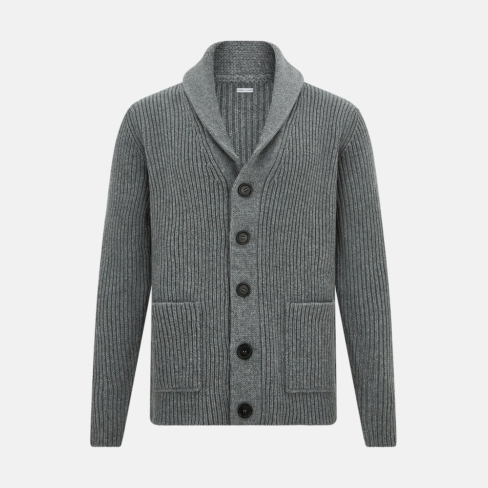 The Turnbull & Asser Grey Melange Cashmere Shawl Collar Cardigan features a ribbed-knit texture, five black front buttons, and two pockets, shown against a plain white background.