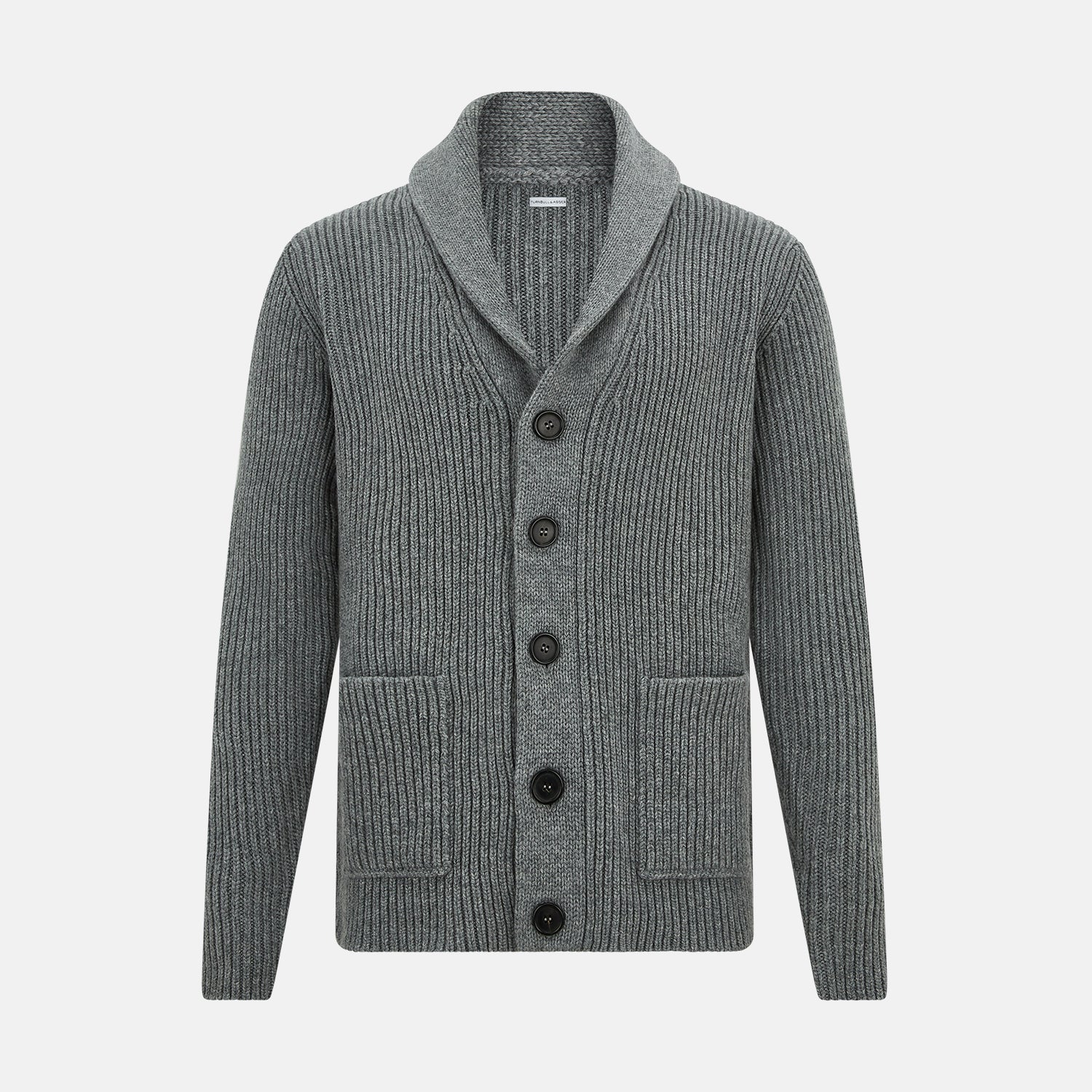 View 1 of product The Turnbull & Asser Grey Melange Cashmere Shawl Collar Cardigan features a ribbed-knit texture, five black front buttons, and two pockets, shown against a plain white background.