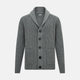 The Turnbull & Asser Grey Melange Cashmere Shawl Collar Cardigan features a ribbed-knit texture, five black front buttons, and two pockets, shown against a plain white background.