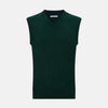 View 1 of product The Turnbull & Asser Forest Green V-neck Cashmere Vest, a sleeveless knit for men, is displayed against a plain white background.