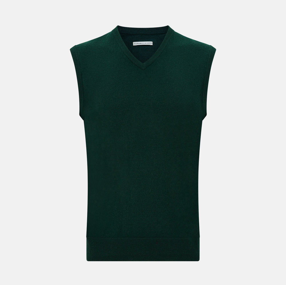 The Turnbull & Asser Forest Green V-neck Cashmere Vest, a sleeveless knit for men, is displayed against a plain white background.