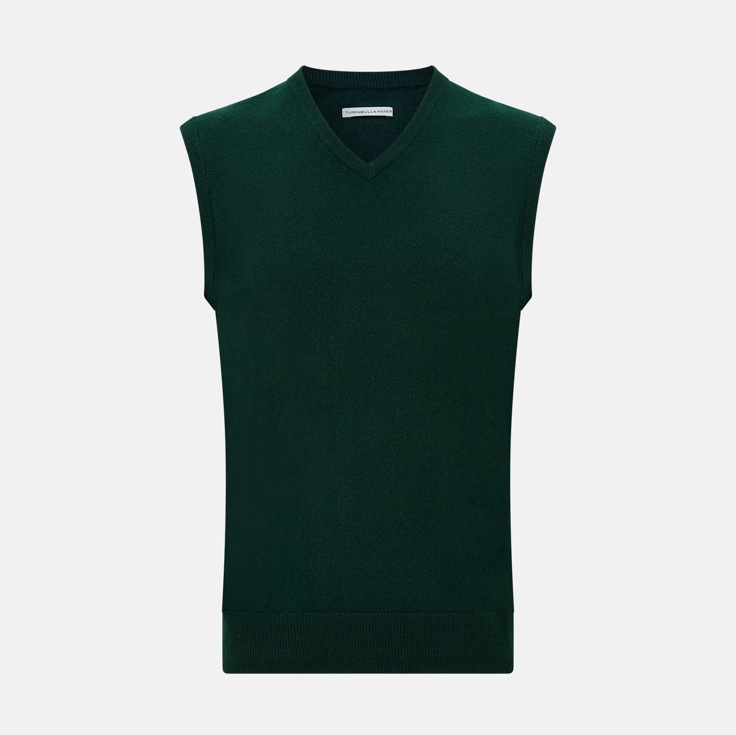 View 1 of product The Turnbull & Asser Forest Green V-neck Cashmere Vest, a sleeveless knit for men, is displayed against a plain white background.