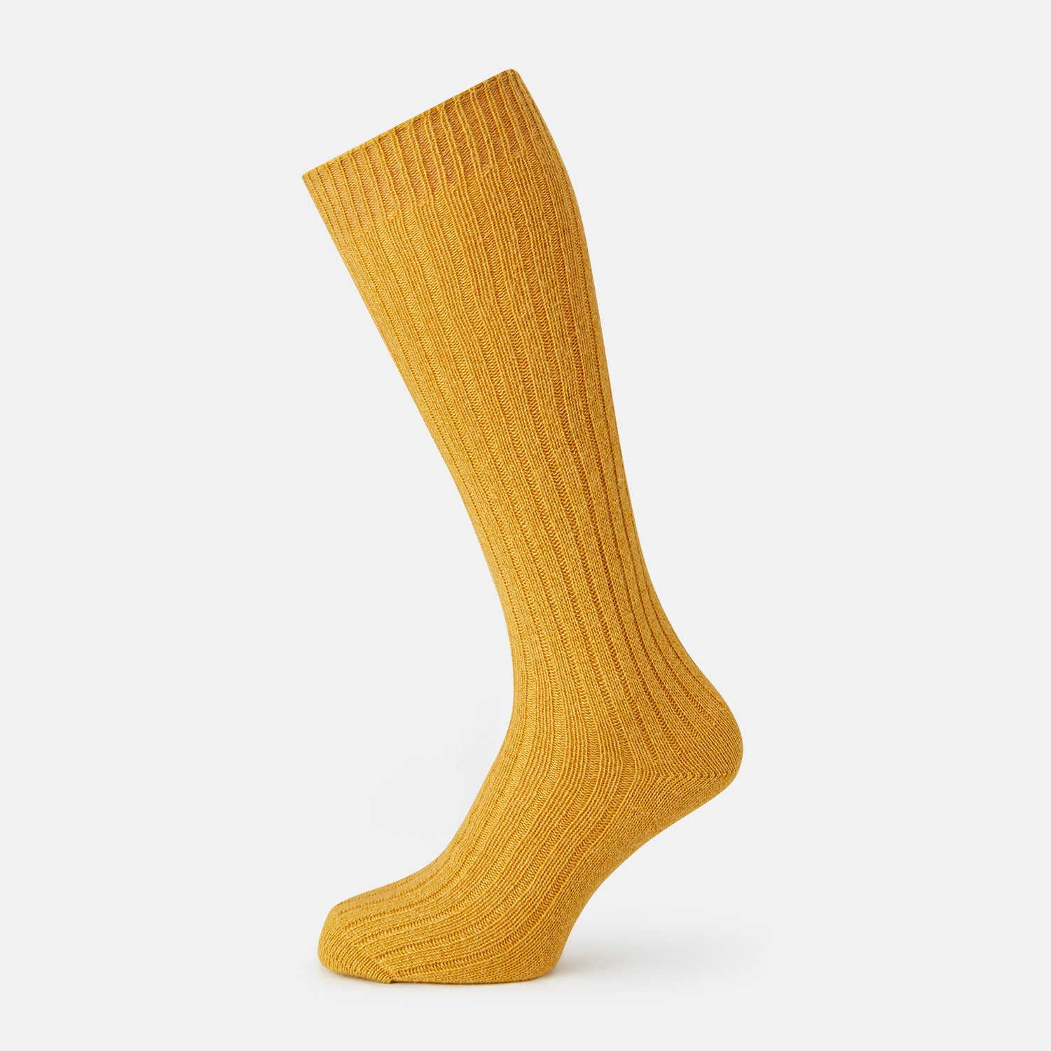 View 1 of product A single Turnbull & Asser CASHMERE/COTTON BLEND OCHRE SOCK, knee-high and ribbed, is shown upright on a white background.