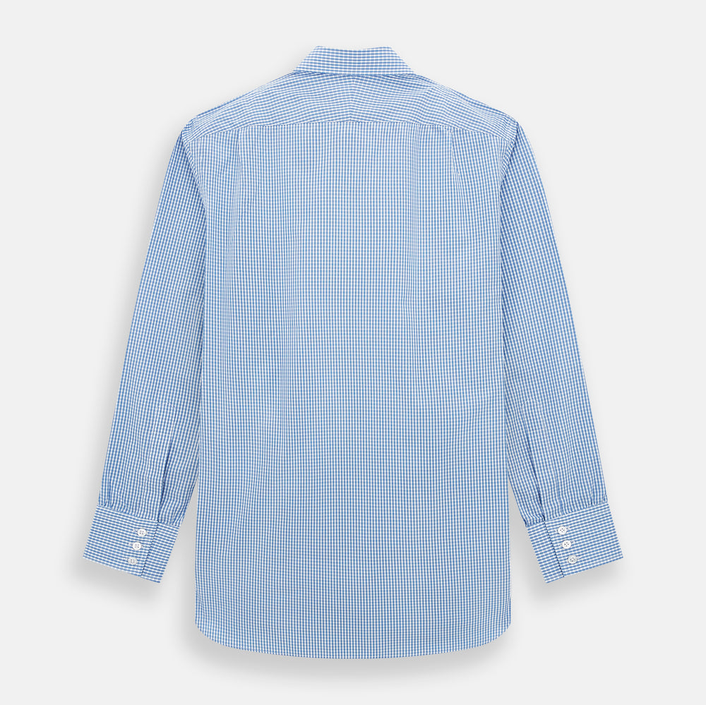 The Turnbull & Asser Blue Multi Micro Check Mayfair Shirt features a classic T&A collar, button-up front, white buttons, cuffed long sleeves, and a refined light blue and white micro check pattern.