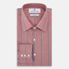 View 5 of product The Turnbull & Asser Red Track Stripe Westminster Shirt features British craftsmanship, a collar, pink base with vertical blue and white stripes, white buttons, and a pocket-free front for refined appeal.
