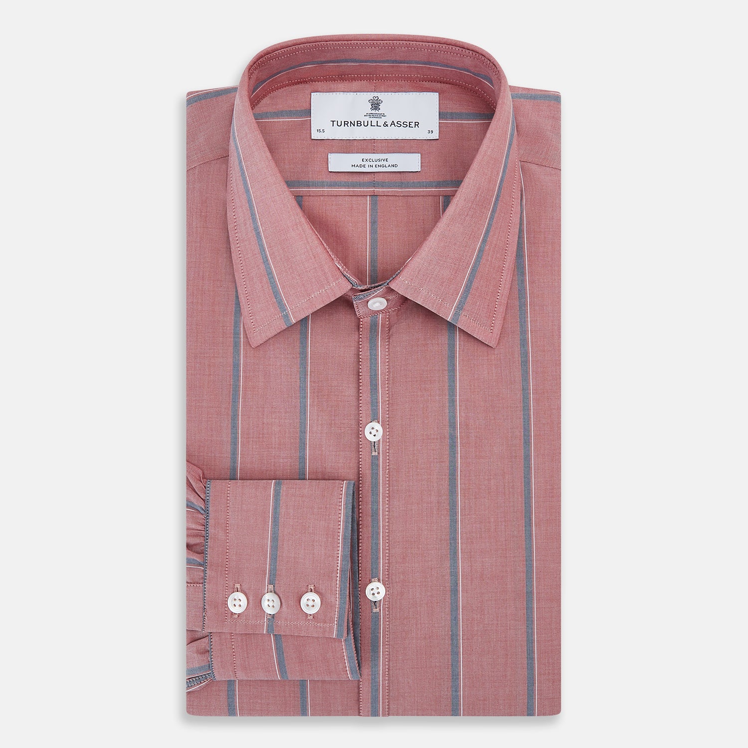 View 5 of product The Turnbull & Asser Red Track Stripe Westminster Shirt features British craftsmanship, a collar, pink base with vertical blue and white stripes, white buttons, and a pocket-free front for refined appeal.
