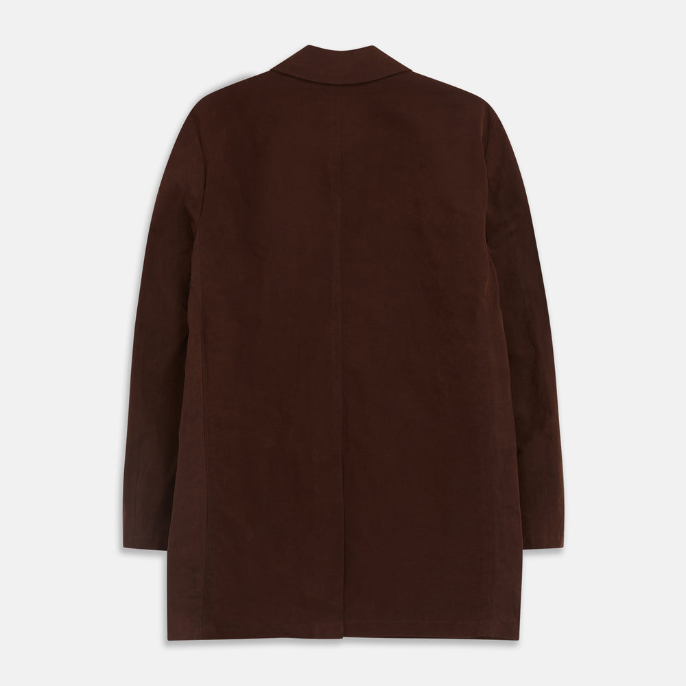 The Burgundy Grayson Car Coat by Turnbull & Asser, made from a rain-resistant cotton blend with a collar, hidden front buttons, and slanted pockets, is displayed flat on a white background in a minimalist style.