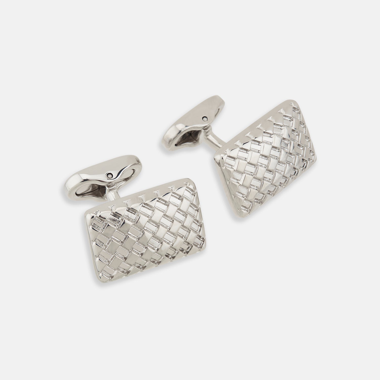 View 1 of product Turnbull & Asser Silver Basketweave Rectangular Cufflinks feature a striking basketweave design on the front and are showcased on a white background.