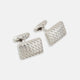 Turnbull & Asser Silver Basketweave Rectangular Cufflinks feature a striking basketweave design on the front and are showcased on a white background.