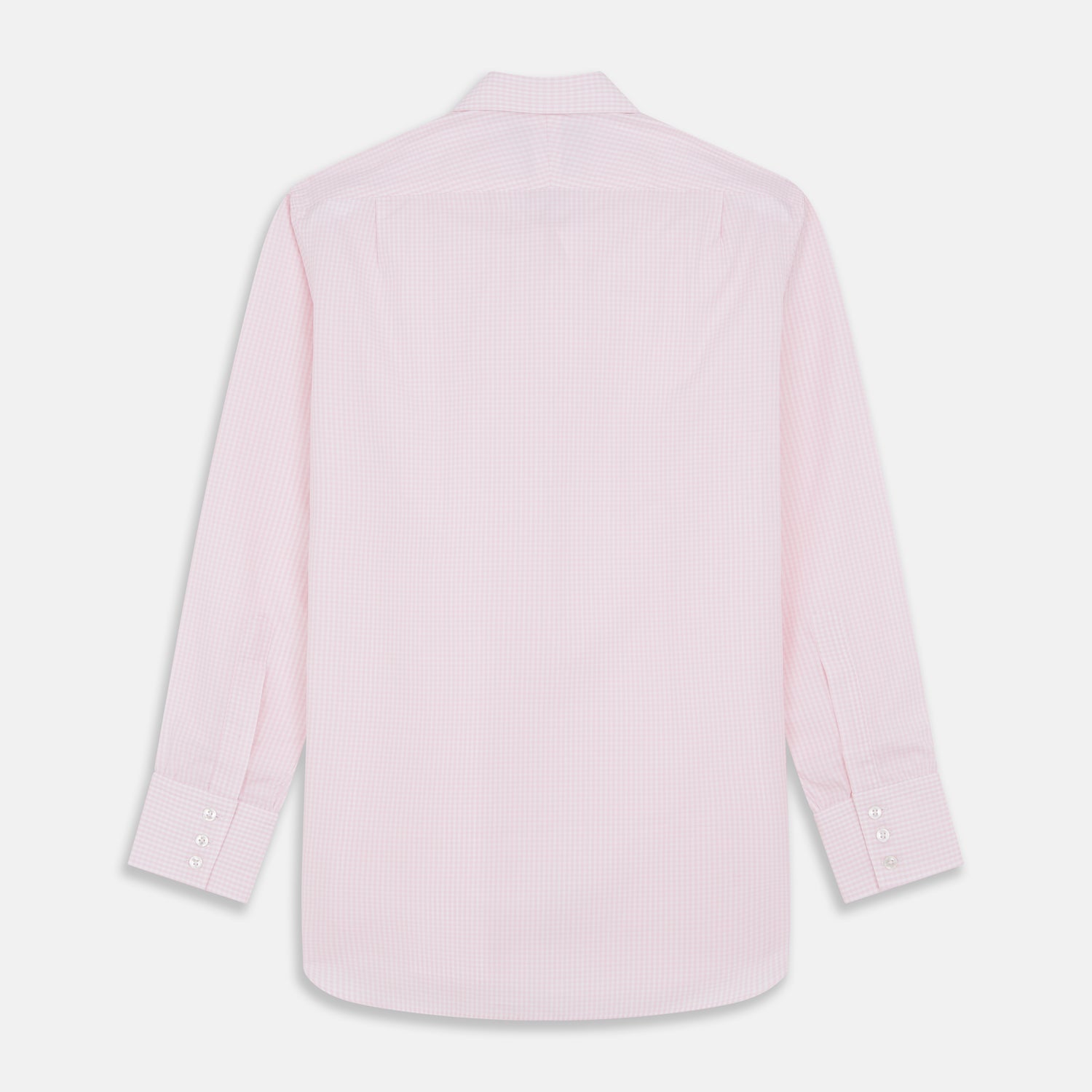 View 3 of product The Pink Windowpane Check Mayfair Shirt by Turnbull & Asser is crafted in light pink organic cotton with a subtle windowpane check, button-down front, and pointed collar, displayed flat on a white background.