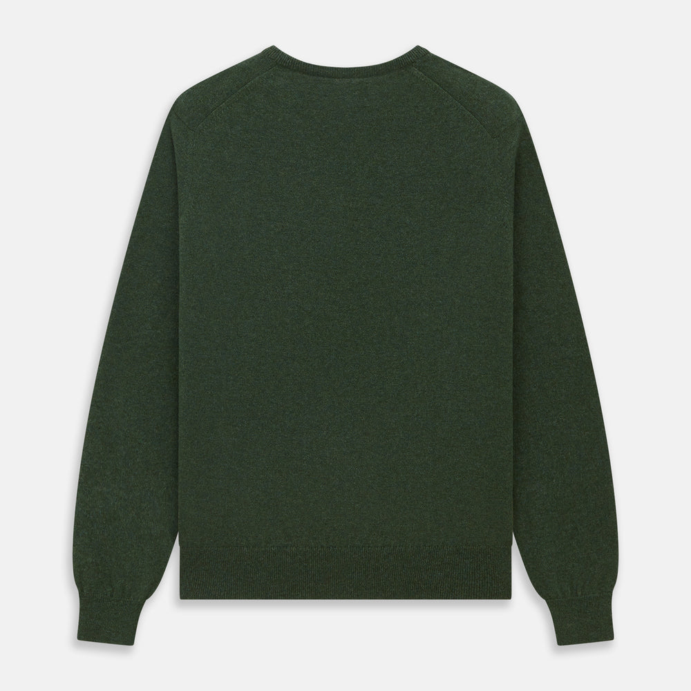 The Turnbull & Asser Green V-Neck Cashmere Jumper, made from soft Scottish cashmere, features long sleeves with ribbed cuffs and a ribbed hem. It is shown laid flat on a white background.
