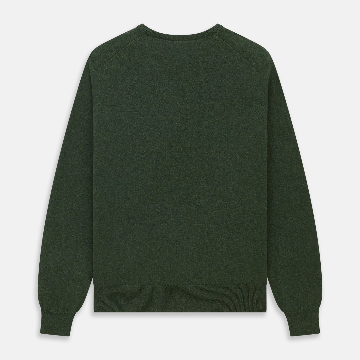 View 4 of product The Turnbull & Asser Green V-Neck Cashmere Jumper, made from soft Scottish cashmere, features long sleeves with ribbed cuffs and a ribbed hem. It is shown laid flat on a white background.