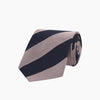 View 2 of product The Turnbull & Asser Navy and Rose Block Stripe Repp Silk Tie, crafted from luxurious silk, features bold diagonal stripes and is displayed rolled up on a plain white background.