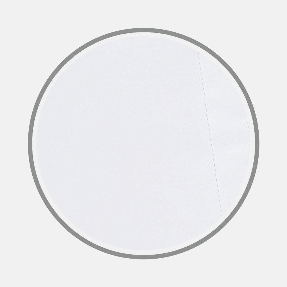 Close-up of Turnbull & Asser’s White Herringbone Sea Island Quality Cotton Fabric, showing a circular white textured surface with a subtle herringbone pattern and gray border on a plain white background.