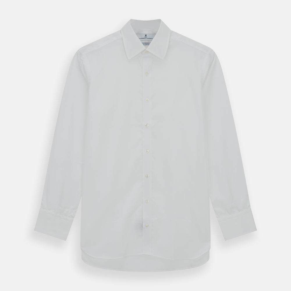 The Turnbull & Asser White Sea Island Quality Cotton Shirt features a T&A collar and 3-button cuffs, crafted from premium cotton and showcased against a plain white background.