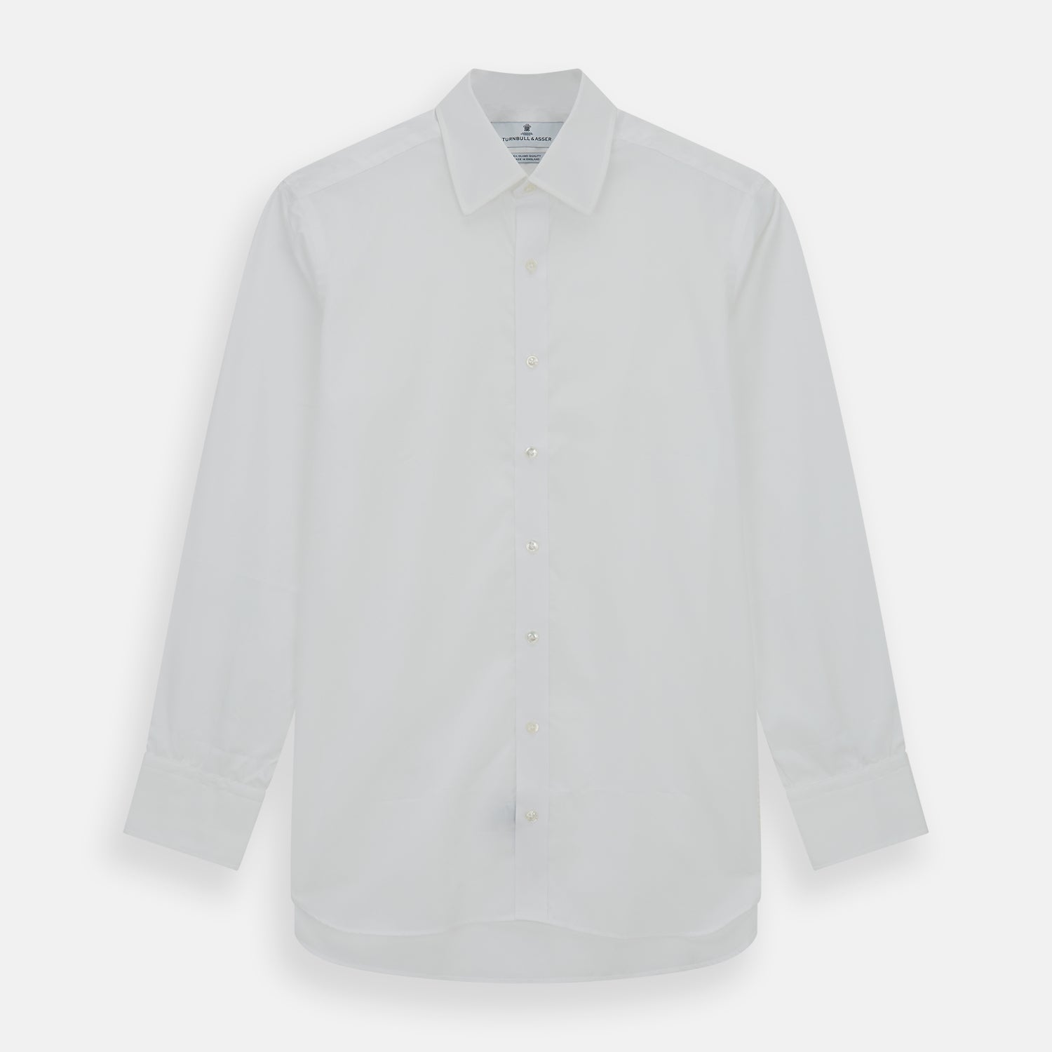 View 1 of product The Turnbull & Asser White Sea Island Quality Cotton Shirt features a T&A collar and 3-button cuffs, crafted from premium cotton and showcased against a plain white background.