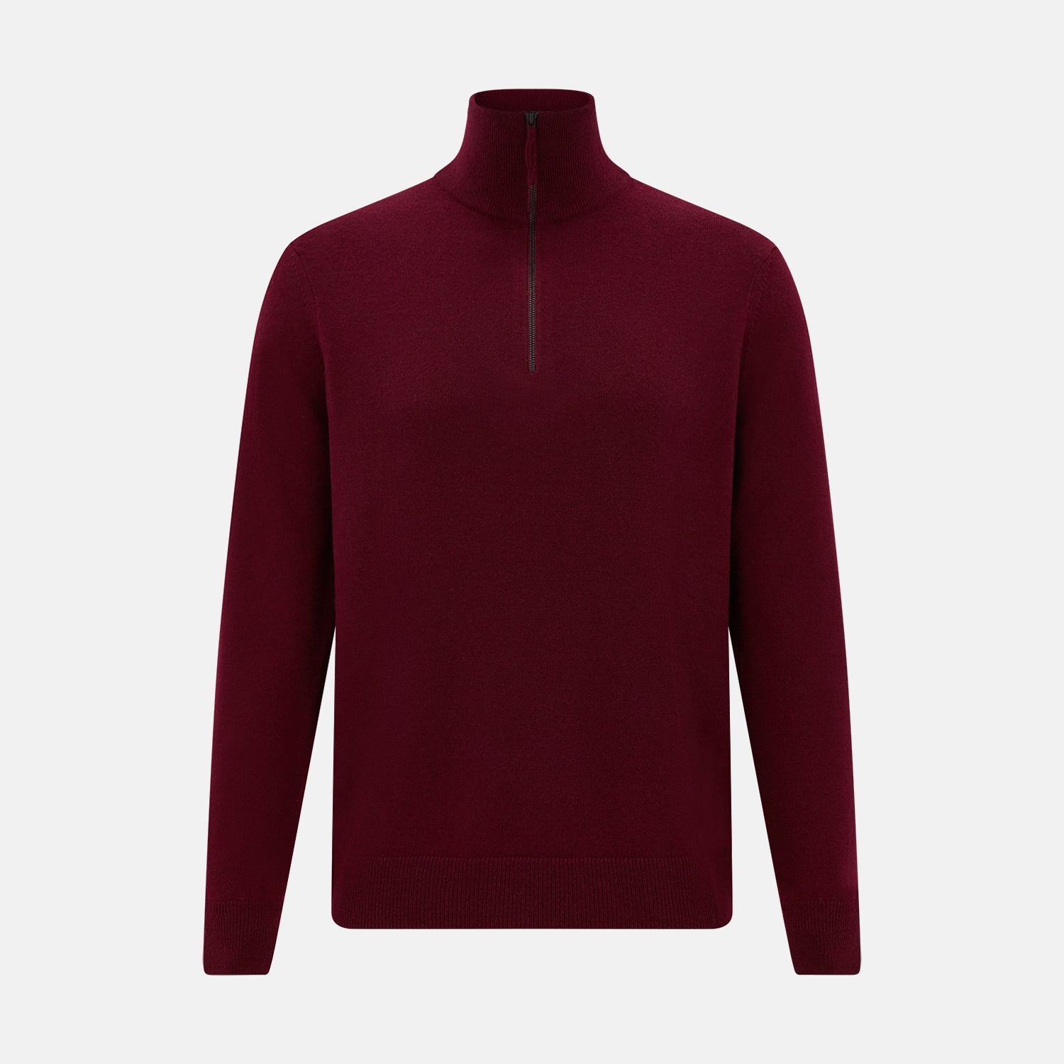 View 1 of product The Turnbull & Asser Ruby Red Half-Zip Cashmere Jumper, with a stand-up collar and elegant design, is displayed against a plain white background.