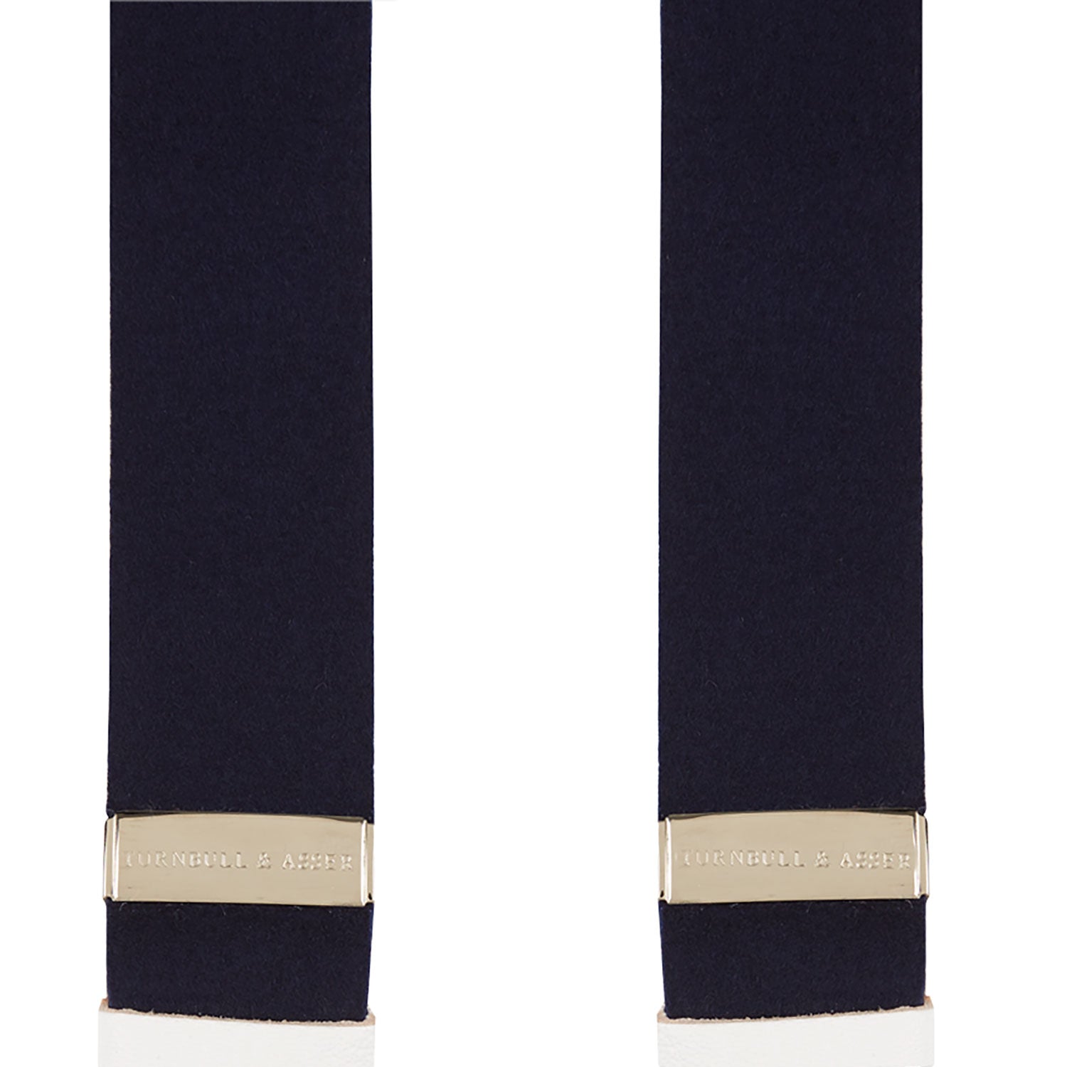 View 5 of product A pair of Turnbull & Asser Navy Adjustable Felt Braces, featuring pure wool boxcloth, white leather button loops, and gold-toned metal details, shown vertically on a plain white background. Expertly crafted in England for timeless style.