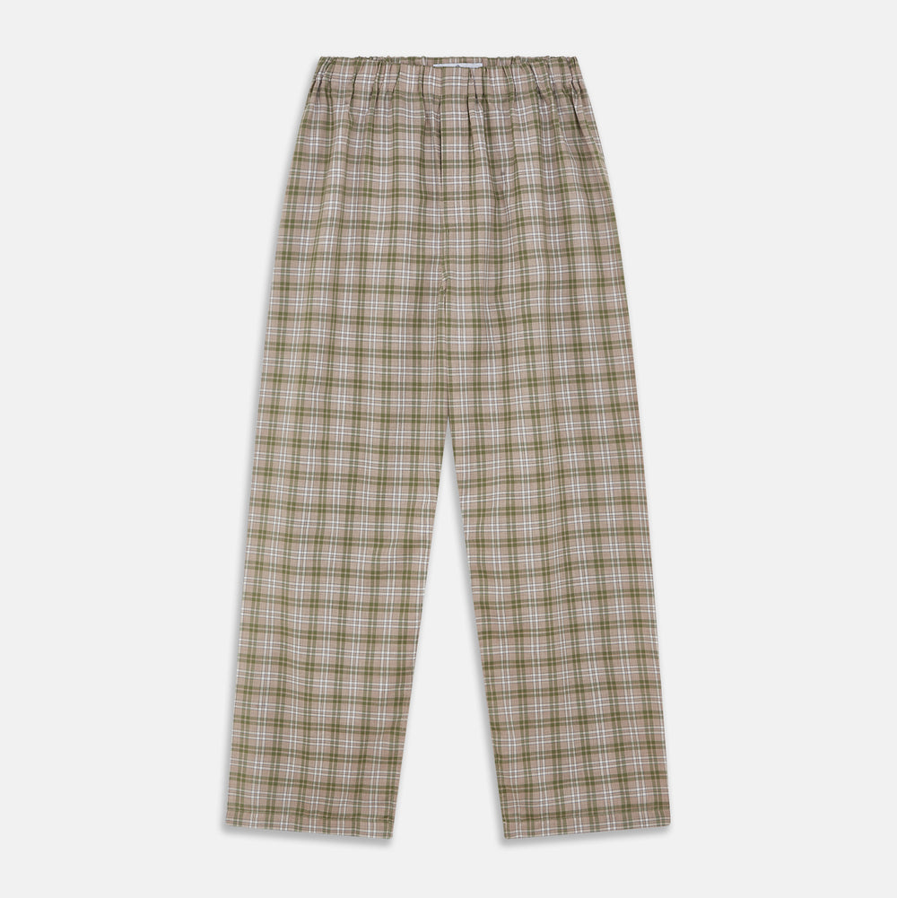 Turnbull & Asser Green Multi Check Cotton Hastings Pyjama Trousers—loose-fit with elasticated drawstring waist, featuring a brown, green, and white plaid pattern. Shown flat on a white background.