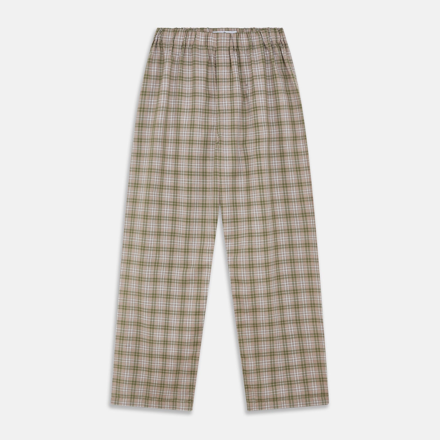 View 1 of product Turnbull & Asser Green Multi Check Cotton Hastings Pyjama Trousers—loose-fit with elasticated drawstring waist, featuring a brown, green, and white plaid pattern. Shown flat on a white background.