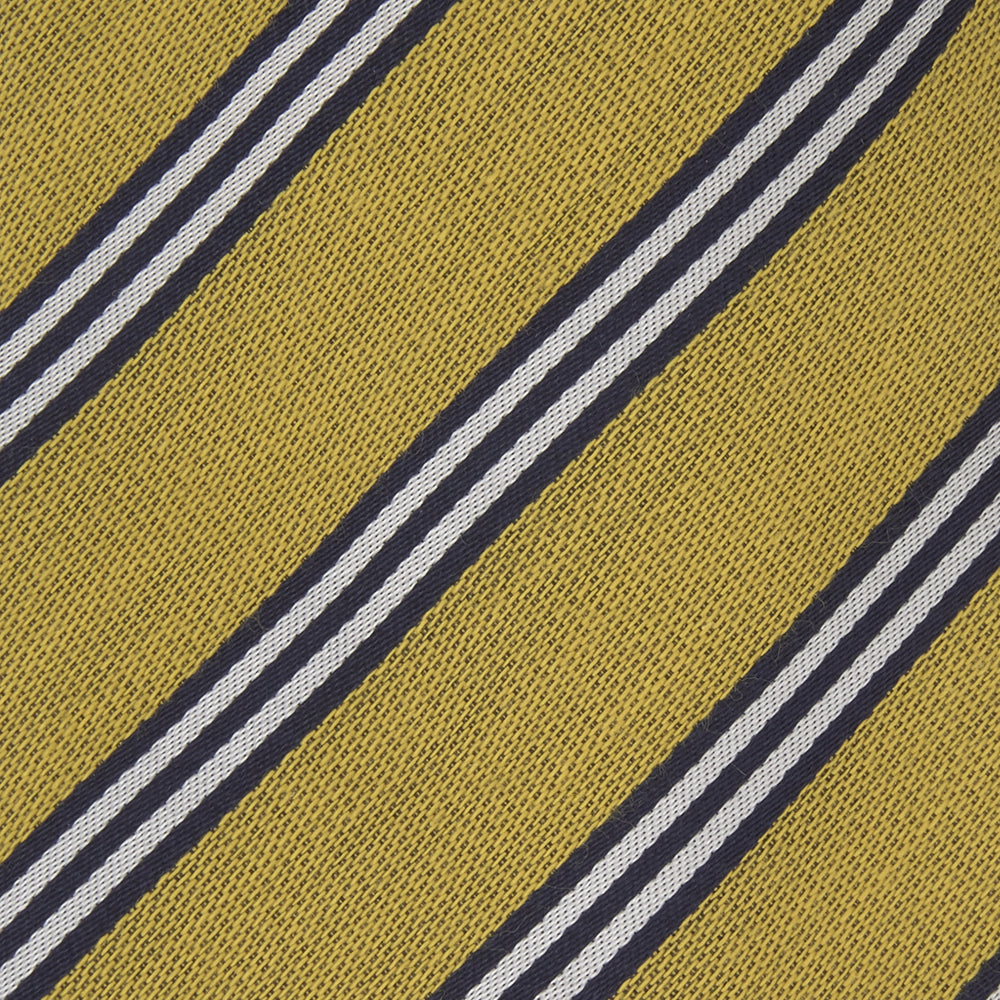 The Turnbull & Asser GGT92000 3042 11 OS is a classic yellow necktie with diagonal black and white stripes, rolled elegantly on a white background.