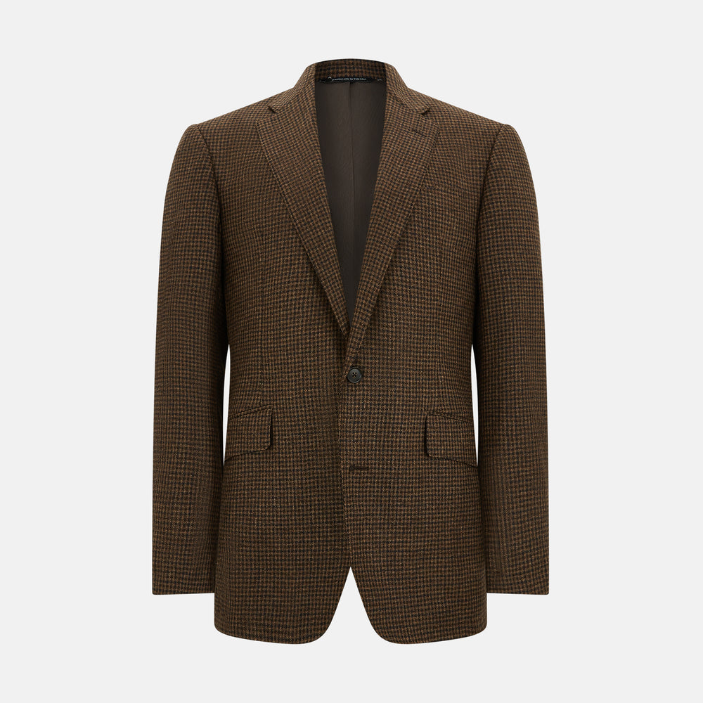 The Turnbull & Asser Brown Gingham Check Sports Jacket features a single button closure, notched lapels, and two front flap pockets, shown against a plain white background.