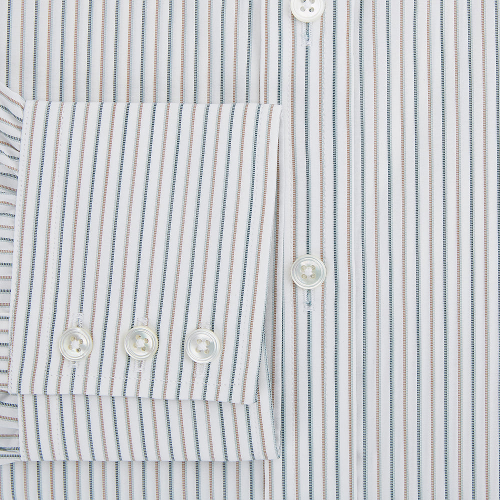 The Teal Double Stripe Mayfair Shirt by Turnbull & Asser is a long-sleeved, button-up shirt with thin teal stripes, a pointed collar, and buttoned cuffs—an essential piece for any gentleman’s wardrobe, shown laid flat on a white background.