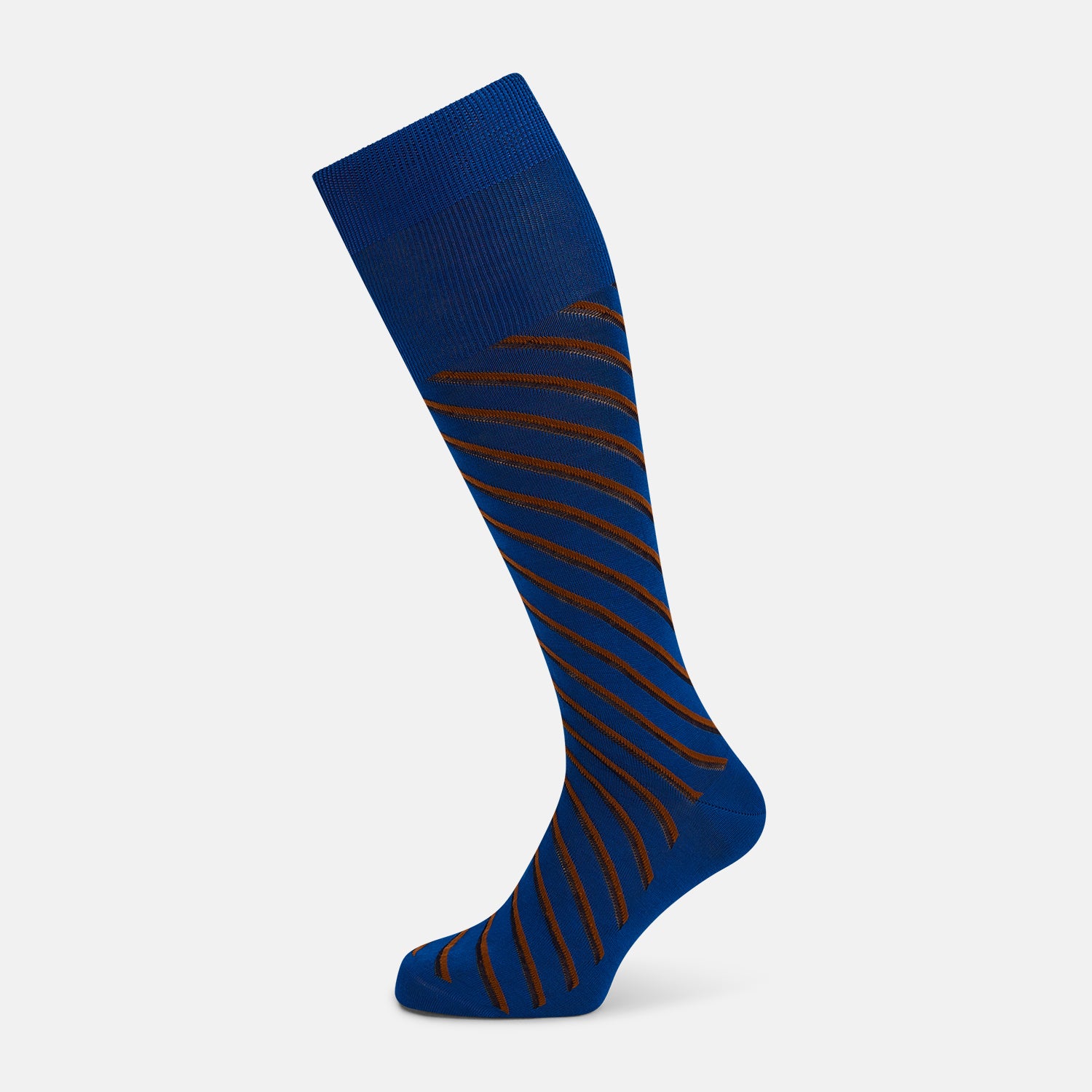 View 1 of product A single Turnbull & Asser Royal Blue/orange Diagonal Striped Long Sock is shown in a knee-high style against a plain light gray background.