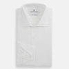 View 5 of product The Turnbull & Asser White Poplin Shirt With Regent Collar and 2-Button Cocktail Cuffs, featuring long sleeves, is buttoned up and laid flat on a white background.