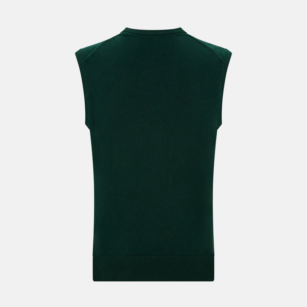 The Turnbull & Asser Forest Green V-neck Cashmere Vest, a sleeveless knit for men, is displayed against a plain white background.