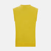 View 3 of product The Turnbull & Asser Canary Yellow Cashmere Round Neck Vest is a sleeveless jumper featuring ribbed collar, hem, and armholes, shown against a plain white background.