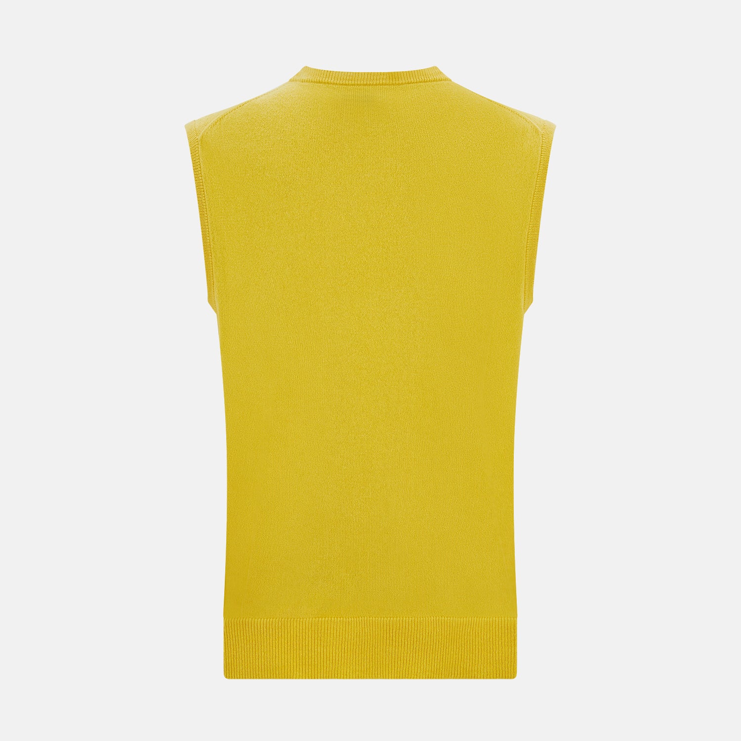 View 3 of product The Turnbull & Asser Canary Yellow Cashmere Round Neck Vest is a sleeveless jumper featuring ribbed collar, hem, and armholes, shown against a plain white background.