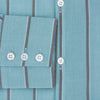 View 4 of product The Cendre Blue Track Stripe Westminster Shirt by Turnbull & Asser features a light blue hue, dark vertical stripes, button-down front, classic collar, and buttoned cuffs—showcasing British craftsmanship.