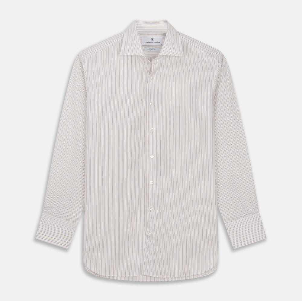 The Turnbull & Asser Red Multi Stripe Tailored Fit Shelton Shirt features subtle vertical stripes, a classic Kent collar, and buttoned cuffs, shown laid flat on a white background.