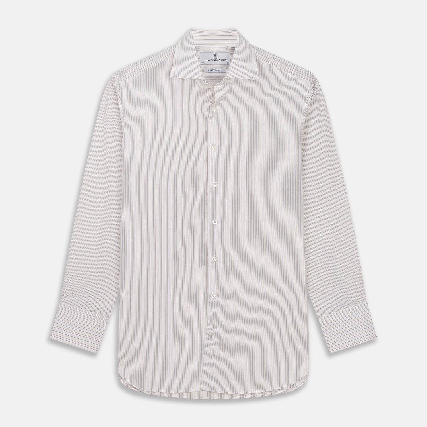 View 1 of product The Turnbull & Asser Red Multi Stripe Tailored Fit Shelton Shirt features subtle vertical stripes, a classic Kent collar, and buttoned cuffs, shown laid flat on a white background.