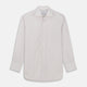 The Turnbull & Asser Red Multi Stripe Tailored Fit Shelton Shirt features subtle vertical stripes, a classic Kent collar, and buttoned cuffs, shown laid flat on a white background.