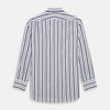 View 3 of product The Navy Double Stripe Mayfair Shirt by Turnbull & Asser features classic long sleeves, buttoned cuffs, a collar, and a slightly curved hem with timeless vertical navy and white stripes.