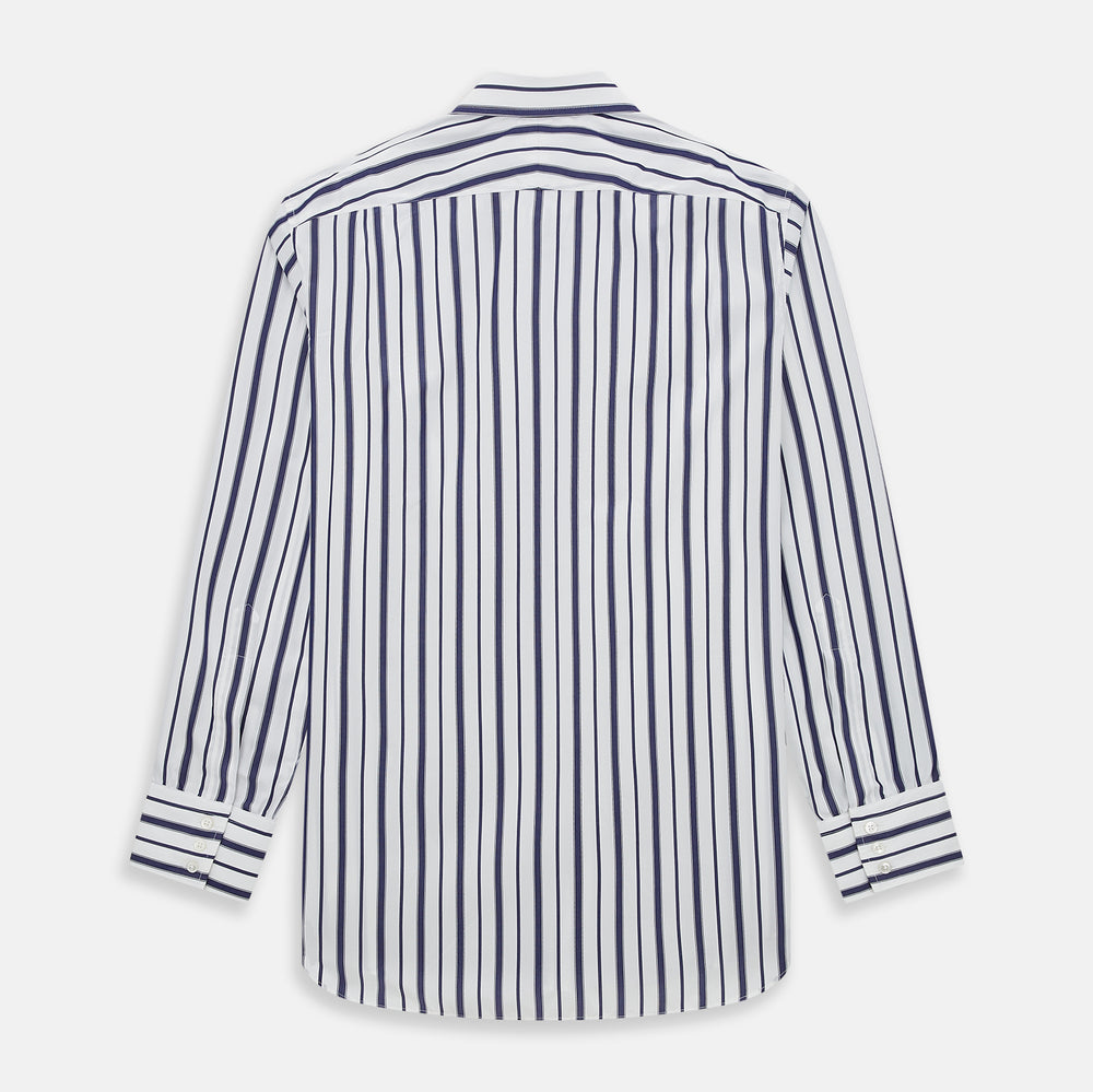 The Navy Double Stripe Mayfair Shirt by Turnbull & Asser features classic long sleeves, buttoned cuffs, a collar, and a slightly curved hem with timeless vertical navy and white stripes.
