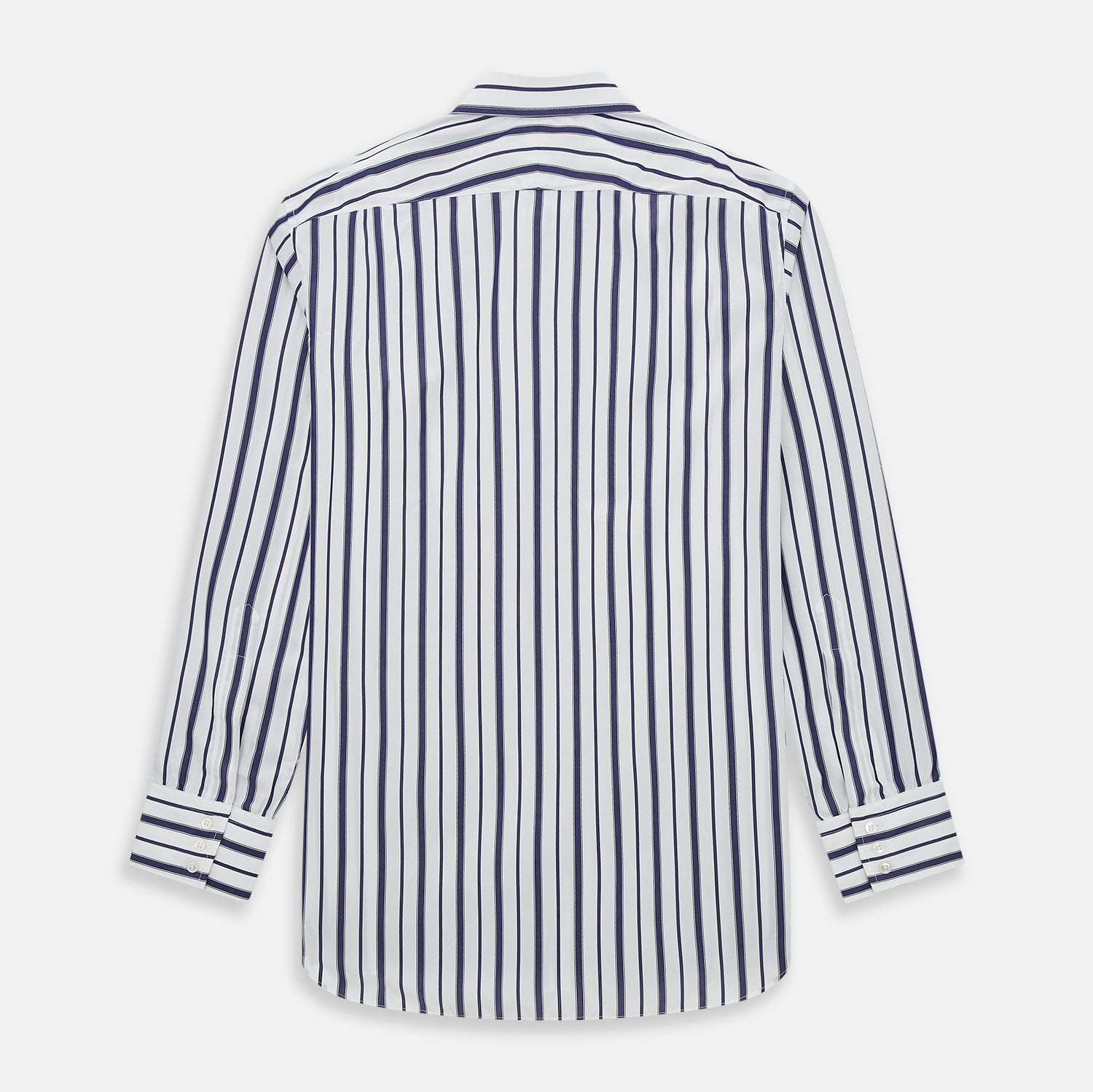 View 3 of product The Navy Double Stripe Mayfair Shirt by Turnbull & Asser features classic long sleeves, buttoned cuffs, a collar, and a slightly curved hem with timeless vertical navy and white stripes.