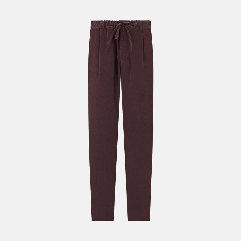 Turnbull & Asser Burgundy Corduroy Miles Trousers: high-waisted, straight-leg pants with an elasticated drawstring waist, shown on a white background.