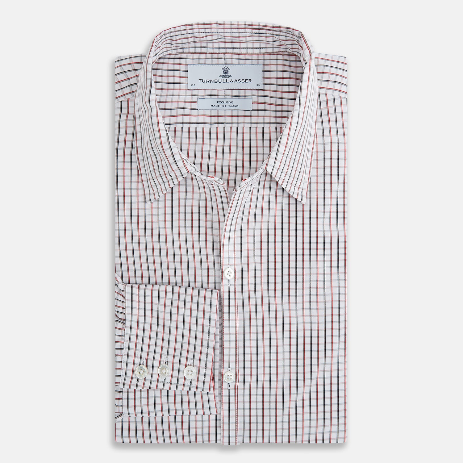 View 5 of product The Turnbull & Asser Red and Midnight Blue Tattersall Check Windsor Shirt features British craftsmanship, shown laid flat with sleeves extended and collar neatly folded.