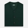 View 4 of product The Turnbull & Asser Forest Green Fine Merino V-Neck Sleeveless Cardigan features front buttons and two small pockets, shown against a white background.
