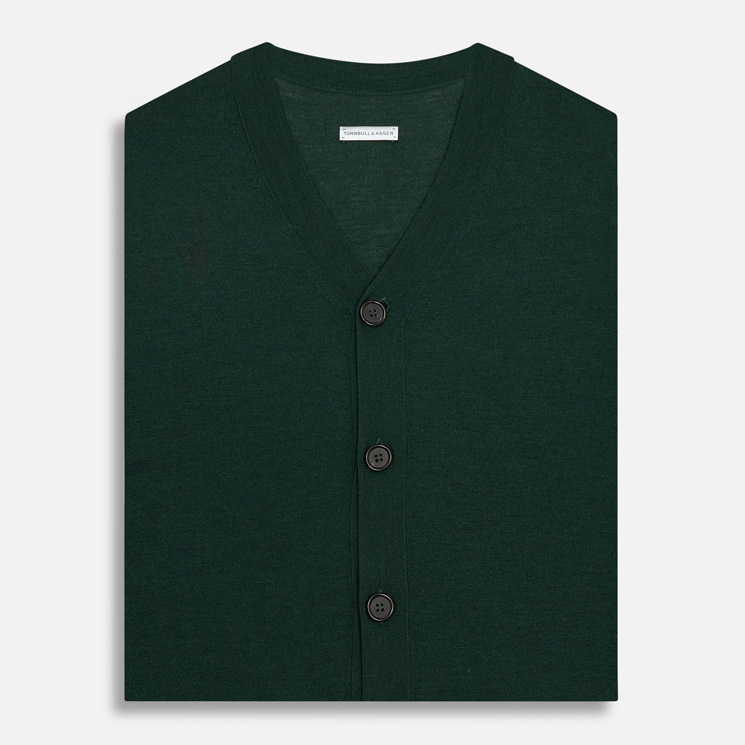 View 4 of product The Turnbull & Asser Forest Green Fine Merino V-Neck Sleeveless Cardigan features front buttons and two small pockets, shown against a white background.