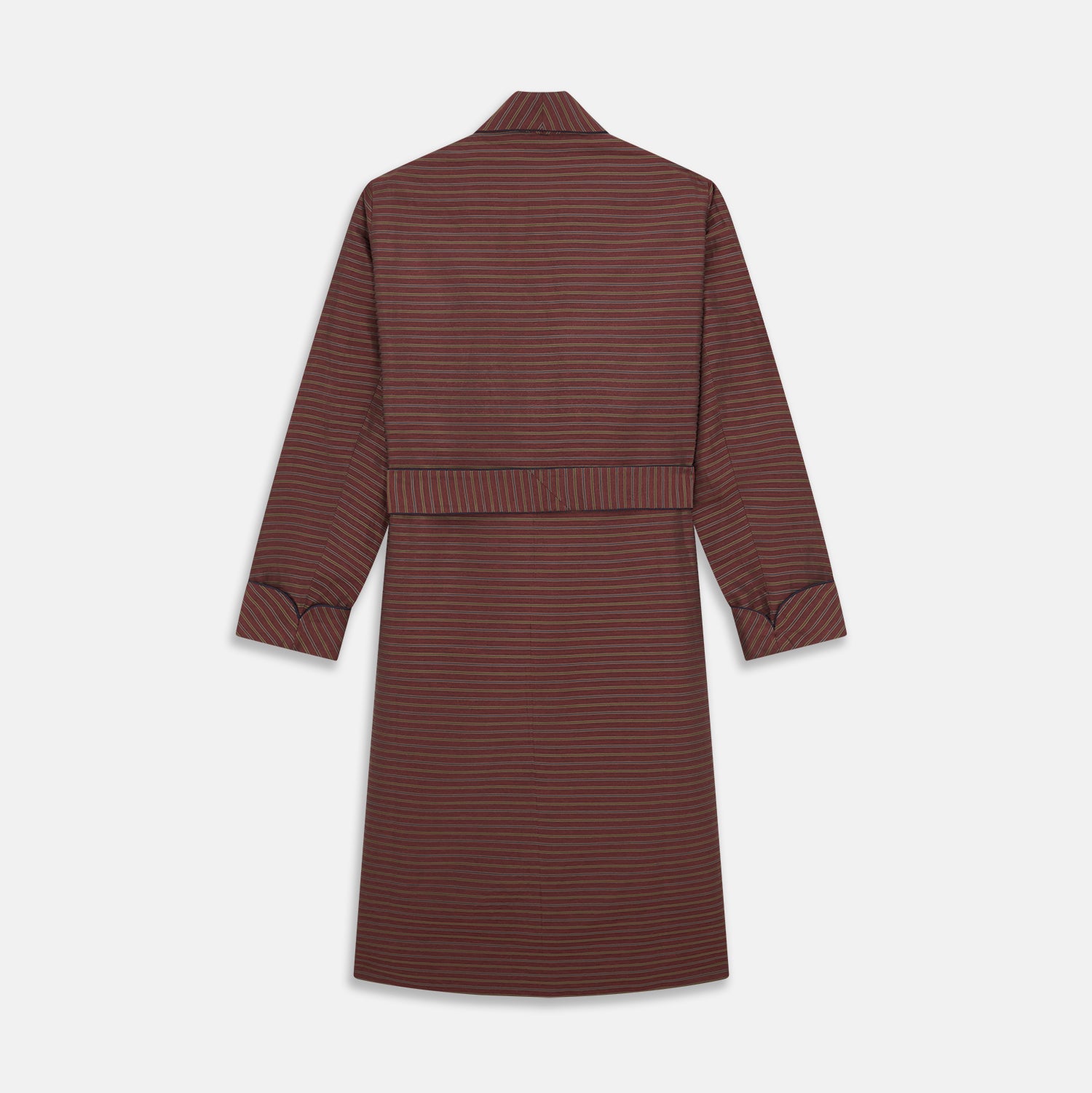 View 4 of product The Turnbull & Asser Claret and Green Multi Stripe Silk and Linen Blend Pierce Gown features a long robe style, matching belt, long sleeves, and front pockets, shown laid flat on a white background.
