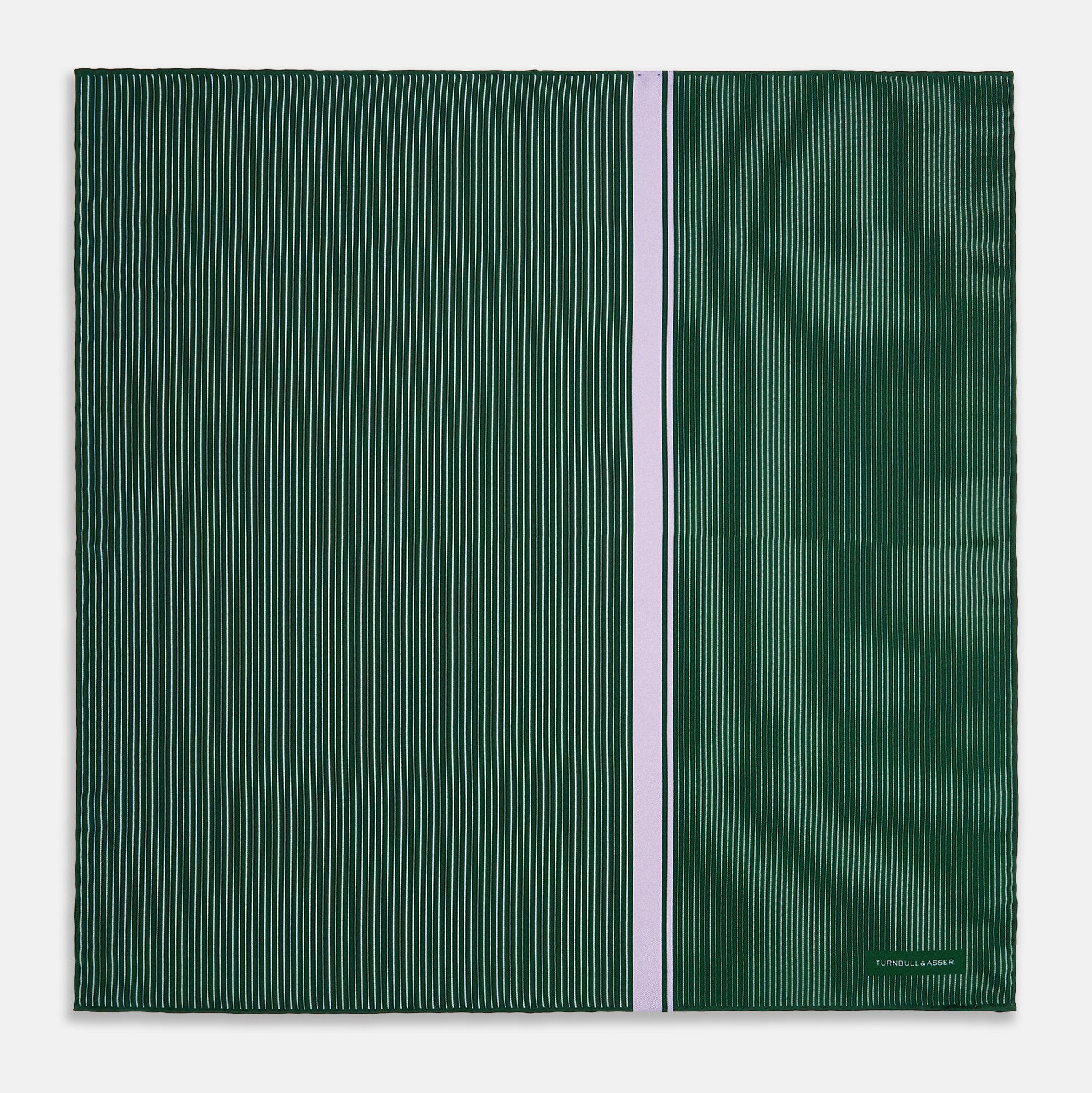 View 4 of product The Forest Green and Lilac Stripe Silk Pocket Square by Turnbull & Asser features thin white pinstripes, a bold light purple vertical stripe, and a visible branded label for classic British elegance. One corner is neatly folded over.